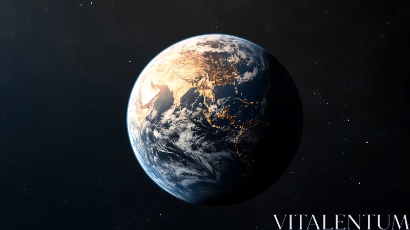 Earth at night from space with glowing city lights visible.