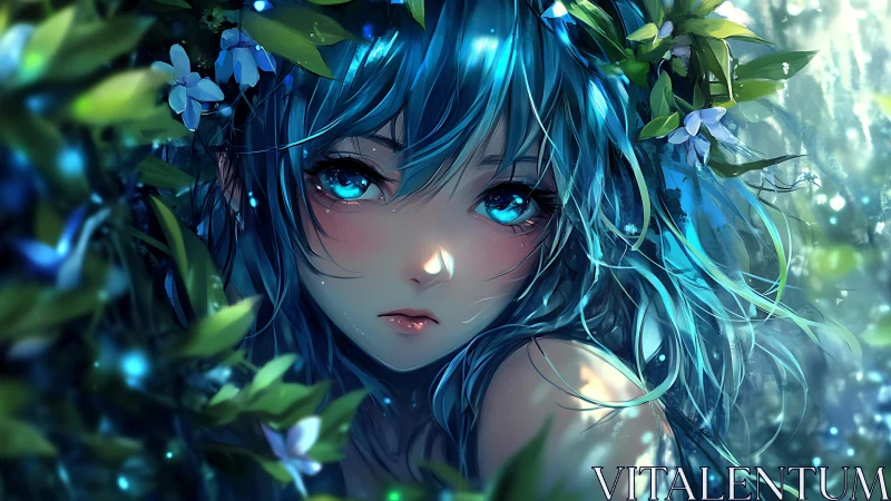 Blue haired forest girl with glowing eyes in foliage.