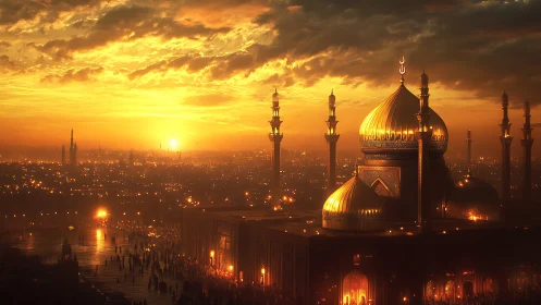 Golden domed mosque complex stands against dense sunset skyline