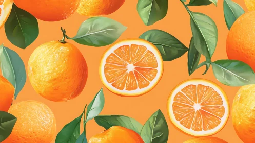Citrus pattern illustrates textured oranges and segmented slices on orange background
