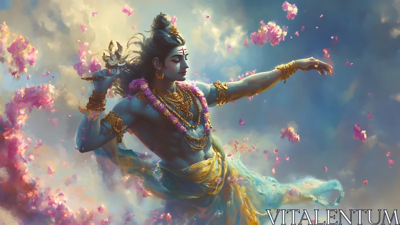 Divine blue-skinned dancer in ethereal cloudscape with petals.