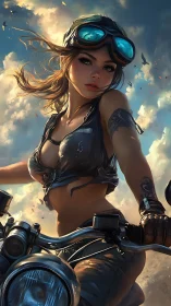 Motorcycle rider under dramatic sky with windswept goggles.