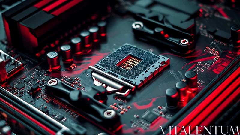 Motherboard CPU socket with red accent lighting and components