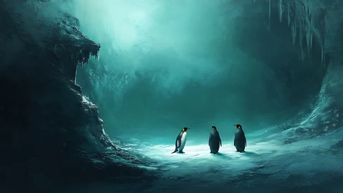 Penguins standing in a vast icy turquoise cavern.