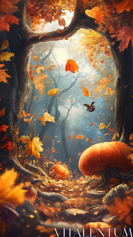Autumn forest path with pumpkins and drifting leaves.