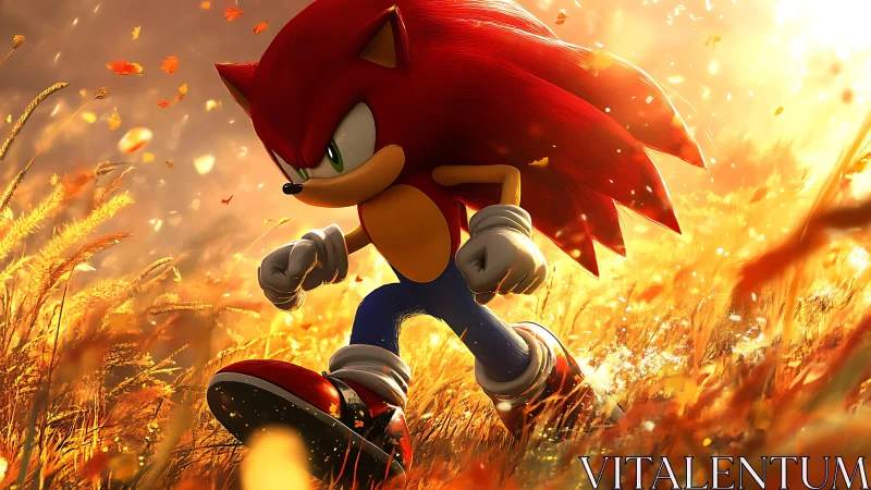 Crimson speedster storms a golden autumn blaze of light.