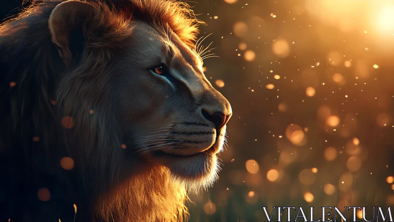 Golden sunset lion gazing softly into warm evening light.