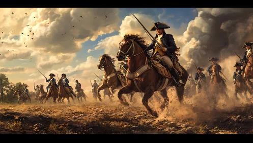 Galloping thunder of bluecoat cavalry beneath storm-torn skies.