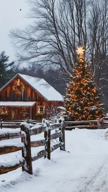 Snow-covered farmhouse and illuminated Christmas tree at dusk