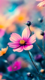 Pink cosmos flower against soft blue bokeh background.