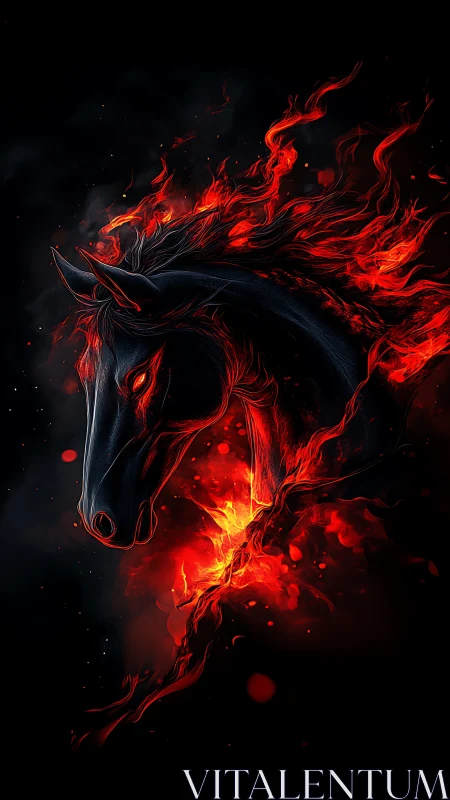 Flaming equine silhouette emerges from dark background