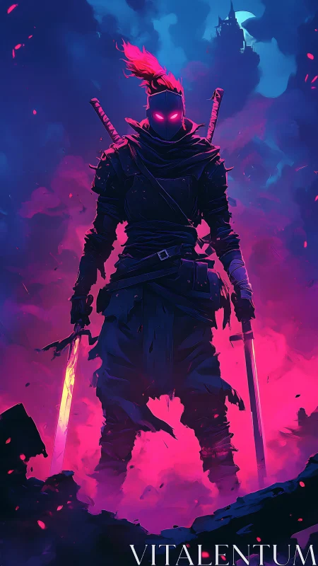 Neon-lit dual-blade warrior in dramatic vertical composition.