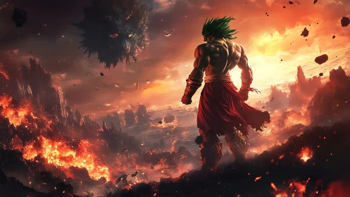 Warrior confronts void beast over burning volcanic wasteland.