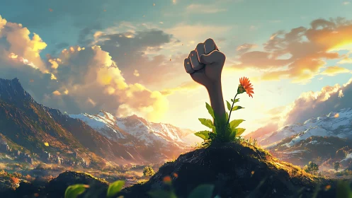 Digital painting of uplifted fist sprouting from mountain soil.