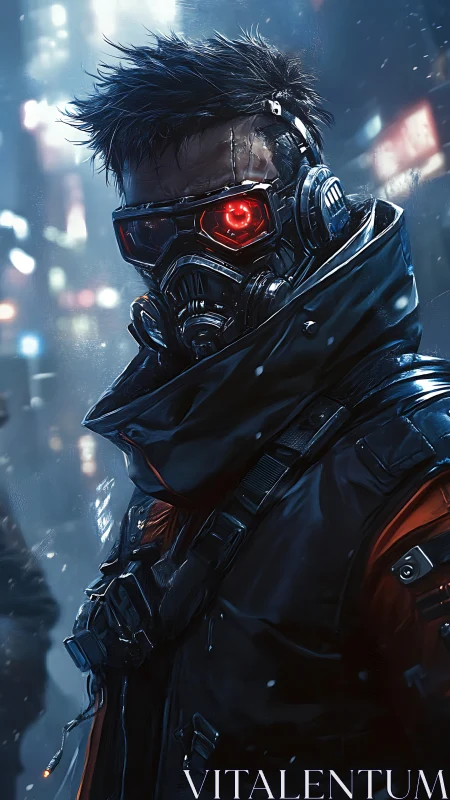 Masked cyberpunk vigilante stalks a neon city at night