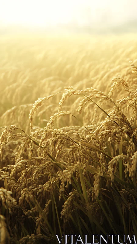 Golden rice field glows under soft backlit sunrise sky.