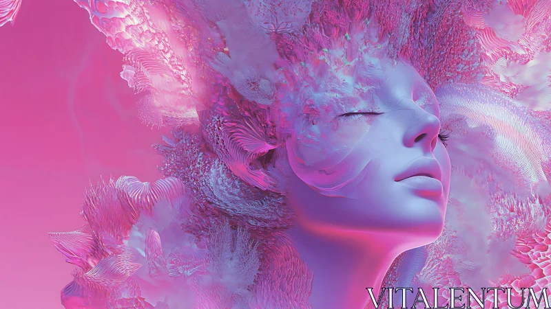 Digital profile of stylized face within pink abstract textures.