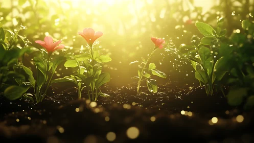 Sunlit garden bed with young flowering plants in soil.