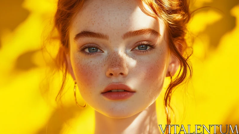 Freckled red haired woman portrait under sharp yellow light