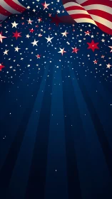 Patriotic blue backdrop with radial rays and cascading flag stars.