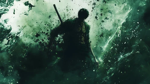 Sword wielder stands in dark green swirling energy storm.