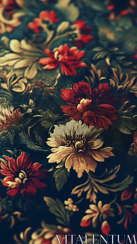 Ornate floral fabric glows with rich vintage warmth and depth