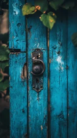 Weathered turquoise garden gate with rustic iron latch detail