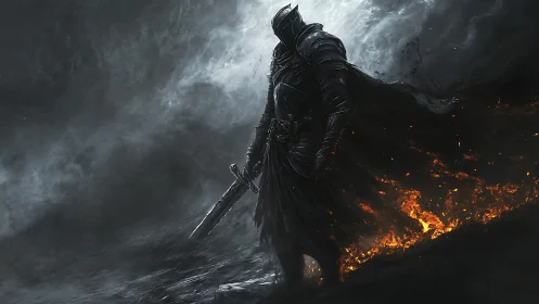 Emberclad knight stalking the stormlit ashes of ruin.