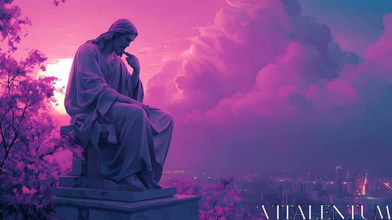 Marble Christ statue overlooks neon-lit city under magenta volumetric sky