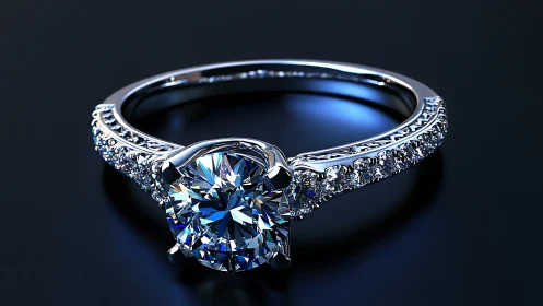 Diamond engagement ring sparkles under dramatic studio light