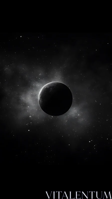 Luminous crescent planet adrift in monochrome starfield.