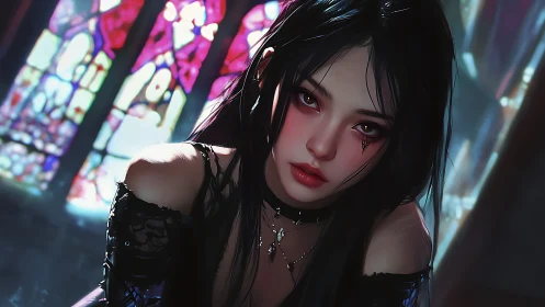 Gothic anime portrait under stained glass cathedral lighting.