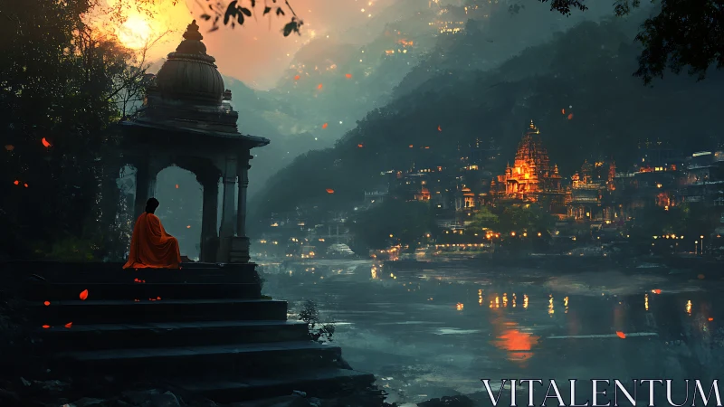 Riverfront temple city at dusk with solitary seated figure.
