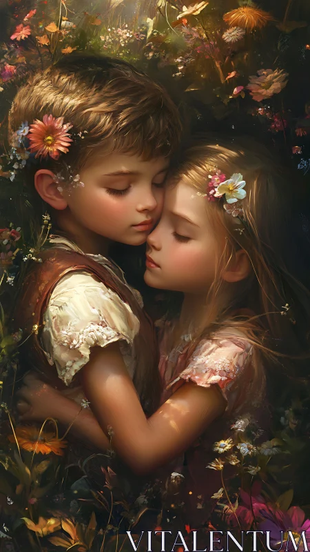 Children Among Wildflowers in Golden Light.