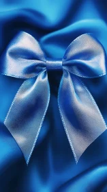 Satin blue ribbon bow with delicate pearl edge detail.