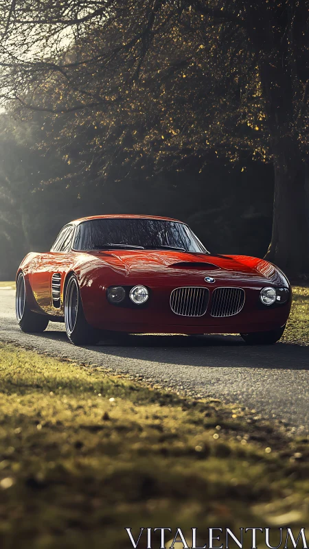 Red BMW sports car on narrow forest lane at dusk.