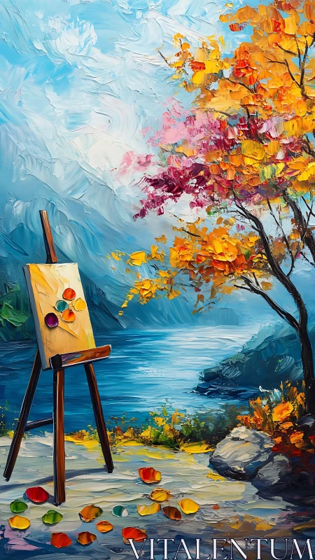Oil painting landscape with easel amid vivid autumn lakeside scene.
