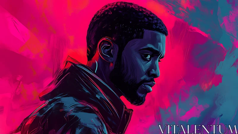 Moody neon portrait of a thoughtful man in vivid color.