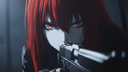 Red haired anime sniper aims rifle with intense fixed stare