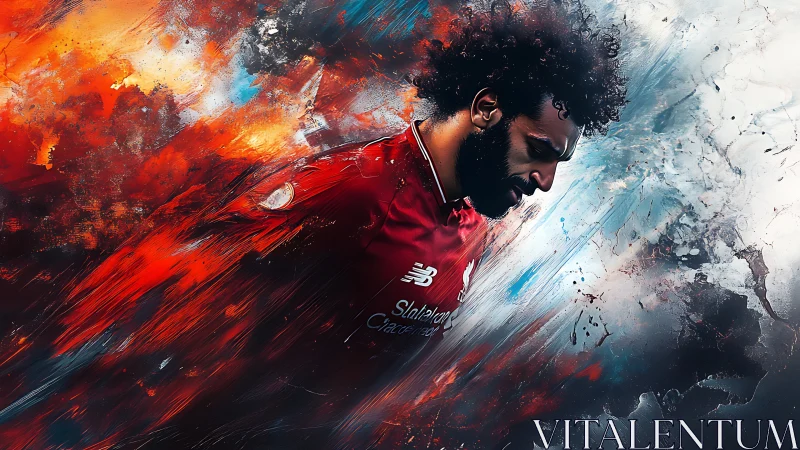 Footballer in red jersey amid abstract color burst.