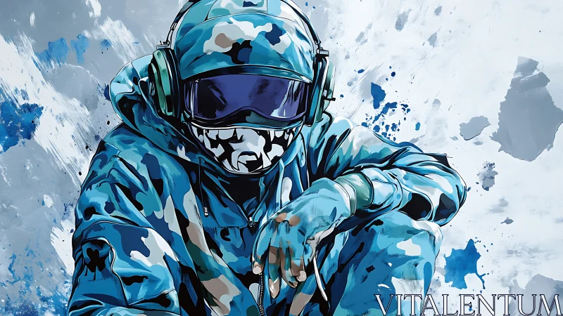 Hooded figure in blue camouflage gear with headphones posed.