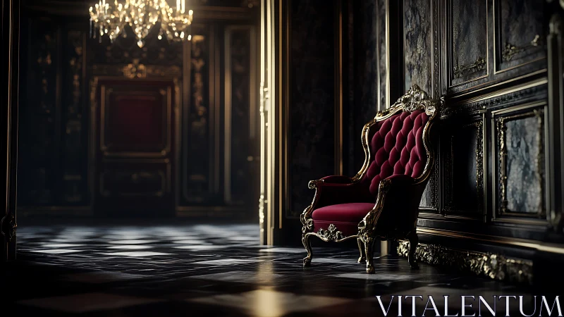 Velvet throne in quiet golden hall of soft evening light.