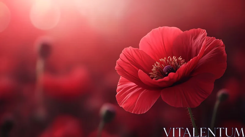 Luminous Red Poppy Blooming Against Blurred Crimson Garden Backdrop