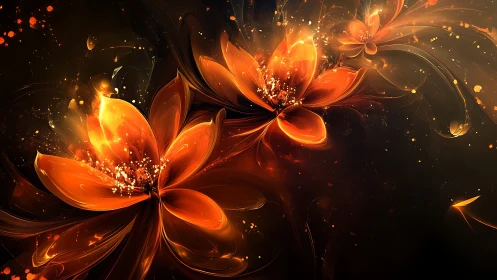 Glowing orange abstract flowers on dark digital background.