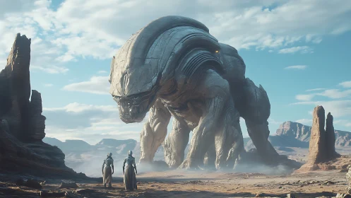 Colossal quadruped creature in arid rocky alien landscape.