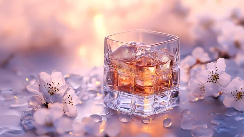 Crystalline Tumbler with Amber Spirits Among Delicate Botanical Elements.