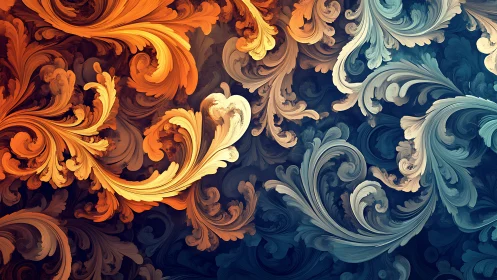 Ornate swirling fractal plumes in warm and cool colors.
