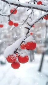 Snow-dusted scarlet berries glowing in a soft winter hush.