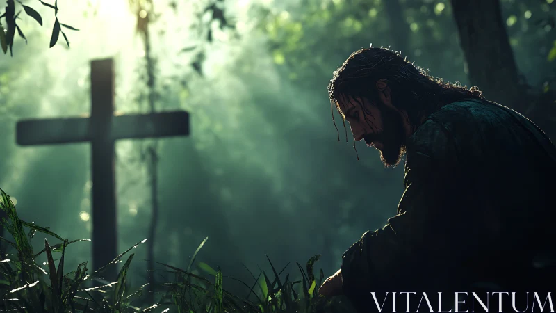 Backlit forest cross and kneeling robed figure in moody haze