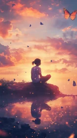Solitary girl meditates by glowing lake under dreamy sunset